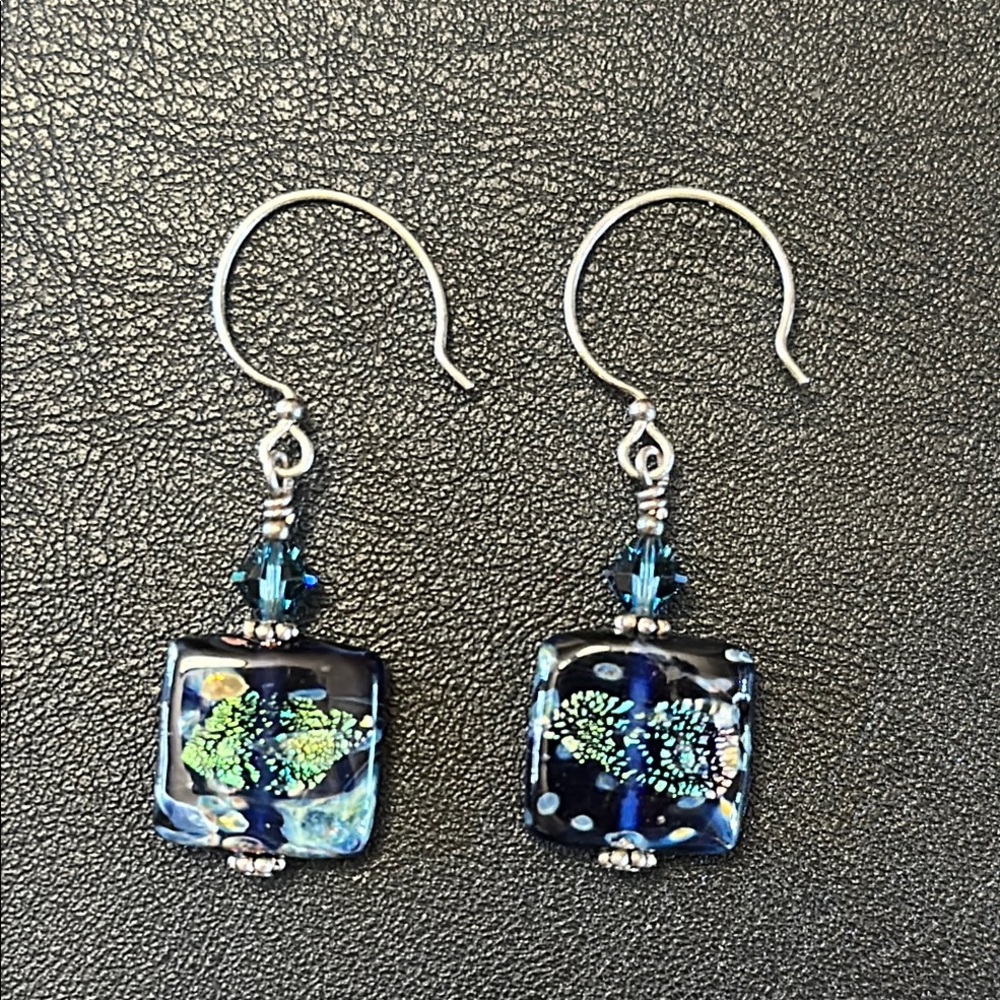 Blue Dichroic Lampwork Glass Square Dangle Earrings